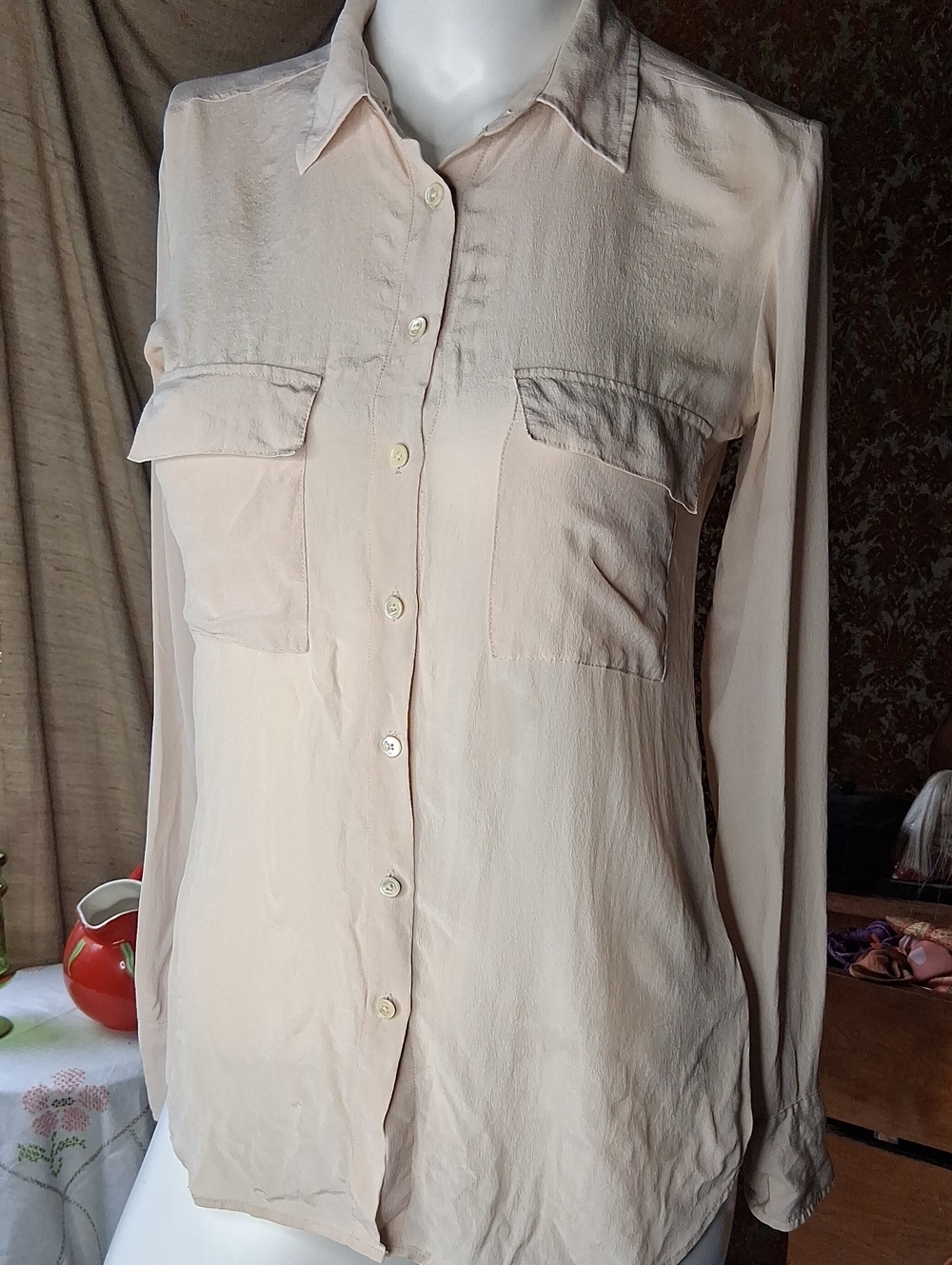 Babaton Silk Pale Blush Button-Down Shirt Xs
